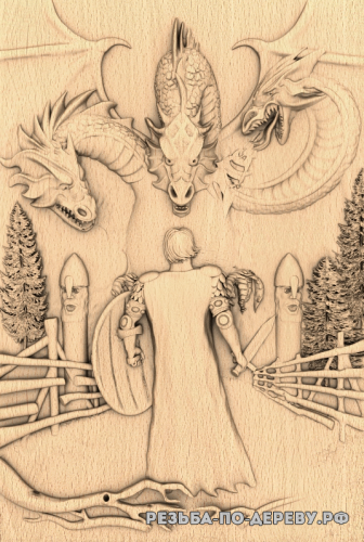 Резное панно Битва с трёхглавым драконом из дерева